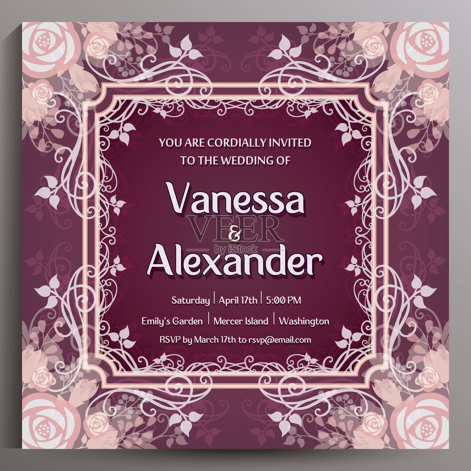紫红色的浪漫婚礼请柬。花卉广场卡设计模板素材