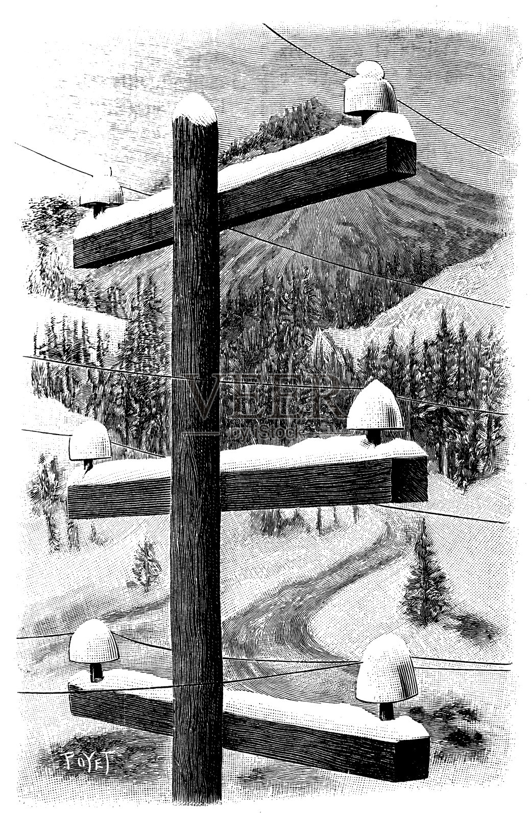 古董插图的电力邮政在冬天插画图片素材