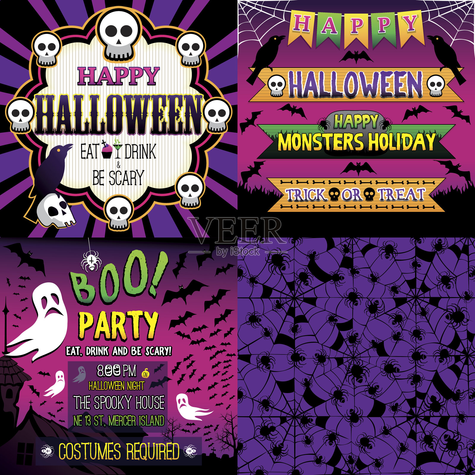 万圣节套装的框架，丝带，邀请和无缝模式插画图片素材