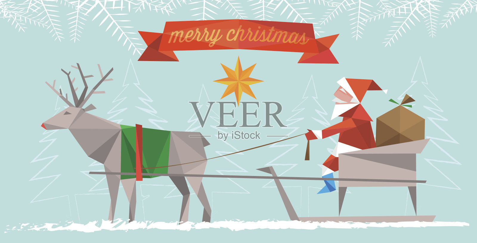 多边形扁平圣诞老人与驯鹿雪橇圣诞插图插画图片素材