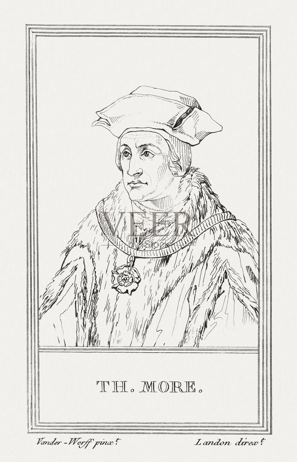 托马斯·莫尔爵士(1478-1535)，英国政治家，铜版画，1805年出版插画图片素材