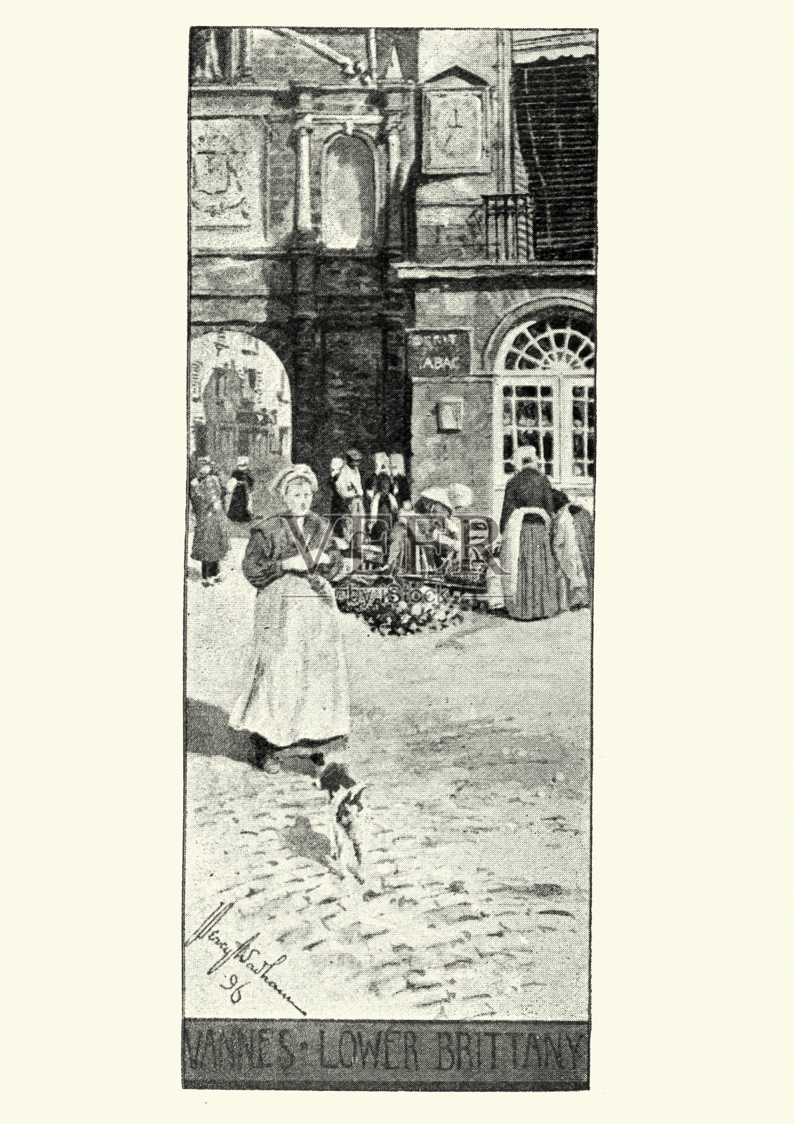 十九世纪布列塔尼瓦内的街景插画图片素材