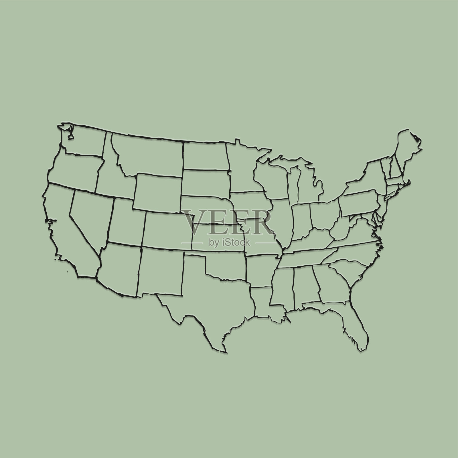 在绿色平坦的背景上潦草地画着一张美国地图插画图片素材