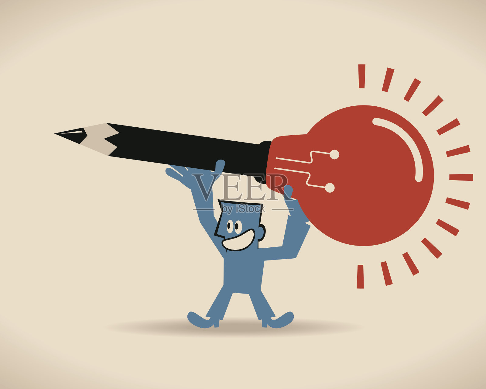 商人(艺术家，作家)拿着一个点子灯泡形状的铅笔插画图片素材