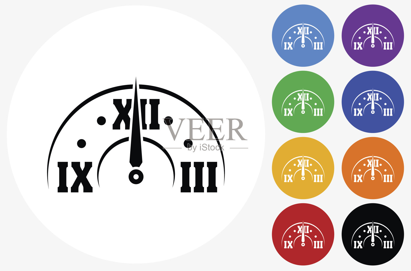 午夜时钟图标上的平面颜色圆圈按钮插画图片素材