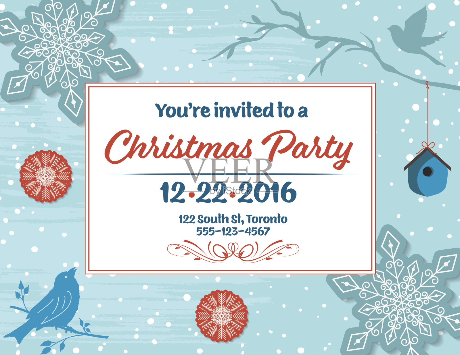 有雪花，鸟屋，鸟和树枝的圣诞派对邀请设计模板素材