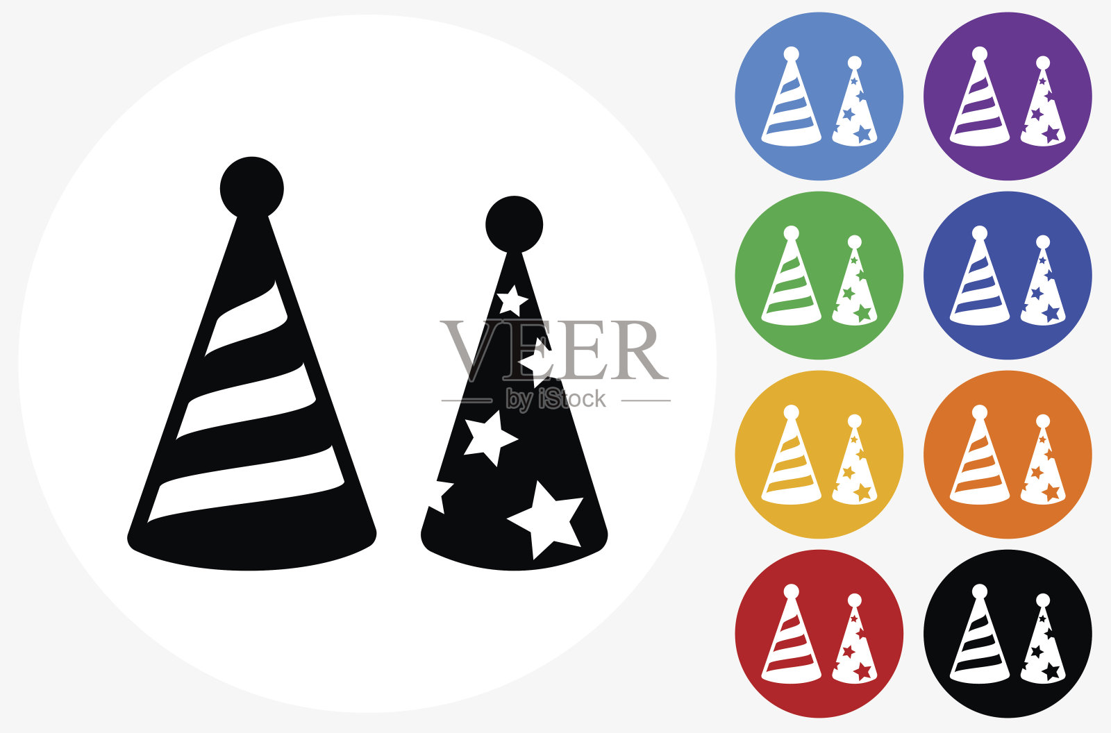 假日派对帽子图标上的平面颜色圆形按钮插画图片素材