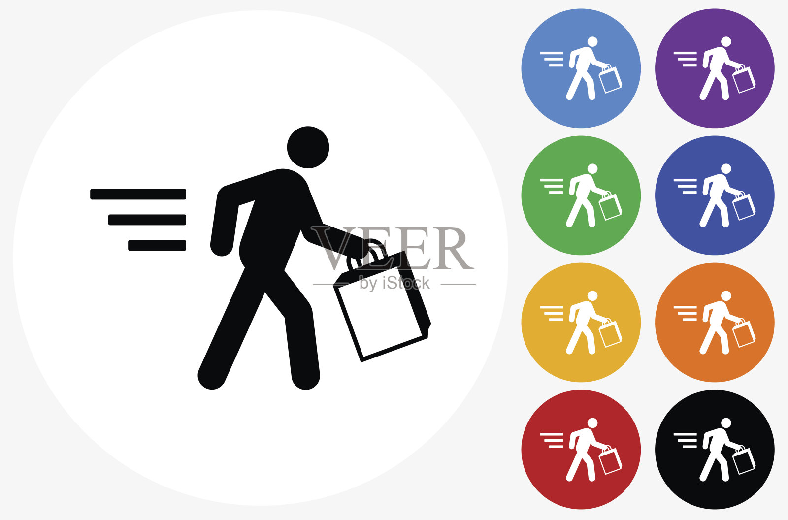 人持有购物袋图标上的平面颜色圆圈按钮插画图片素材