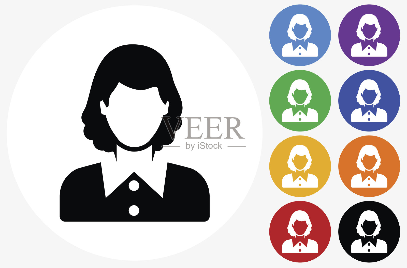 女性脸图标上的平面颜色圆圈按钮插画图片素材