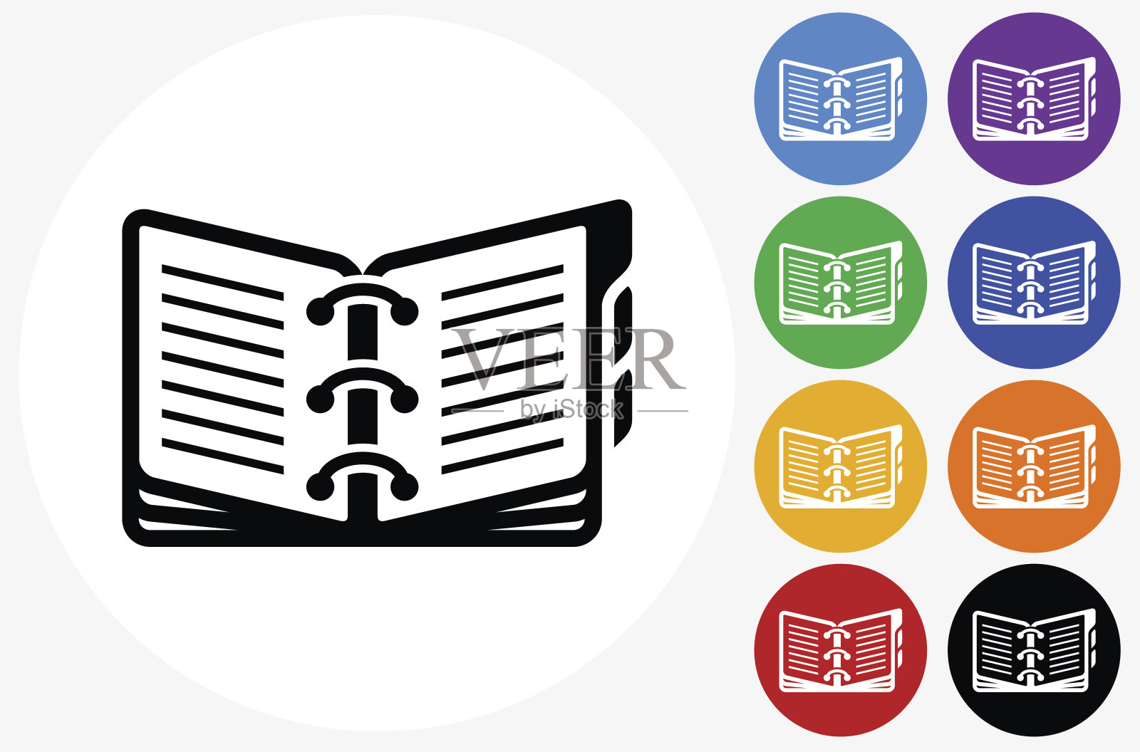 在平面颜色的圆形按钮上打开活页夹图标插画图片素材