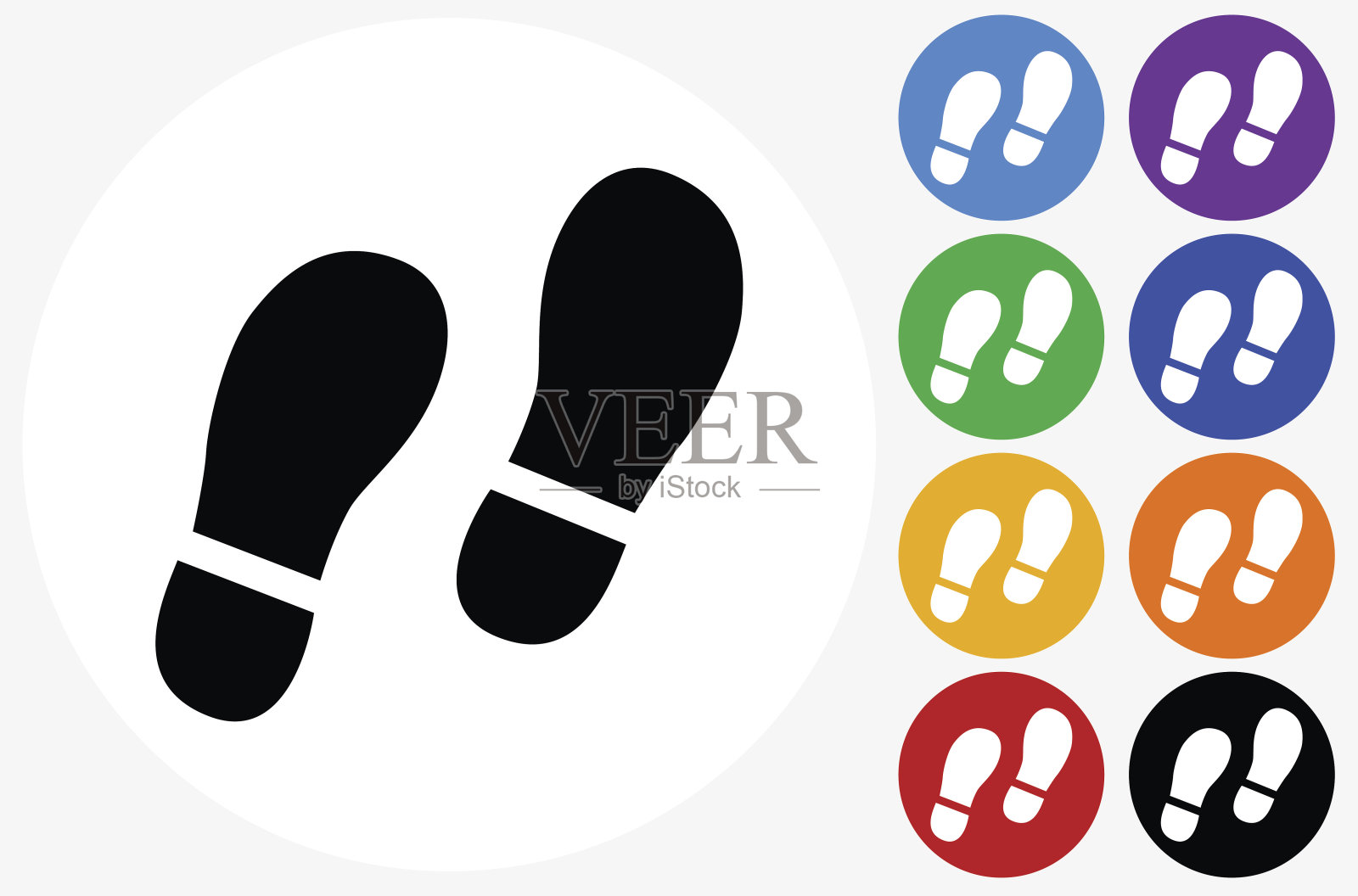 脚印图标上的平面颜色圆形按钮插画图片素材