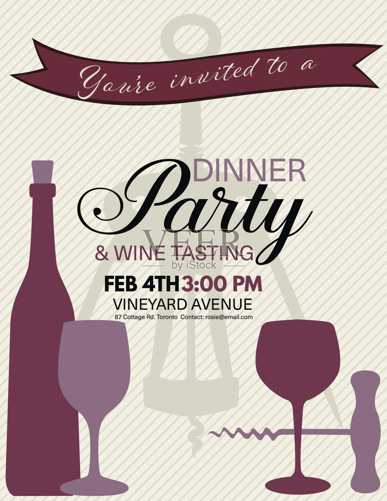 条纹背景上的葡萄酒品尝派对邀请函设计模板素材