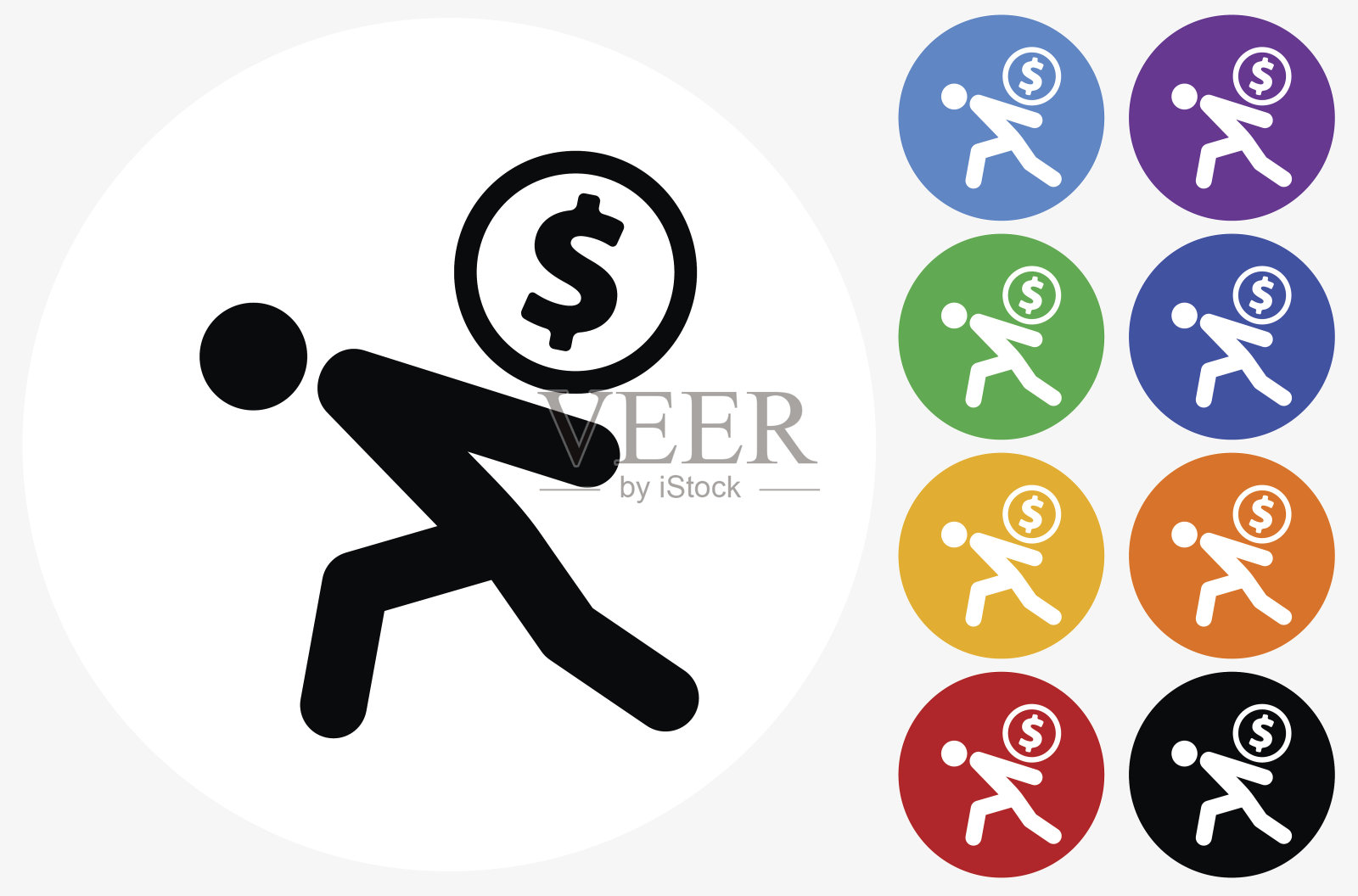 简笔画人物携带硬币图标在平面颜色的圆圈按钮插画图片素材