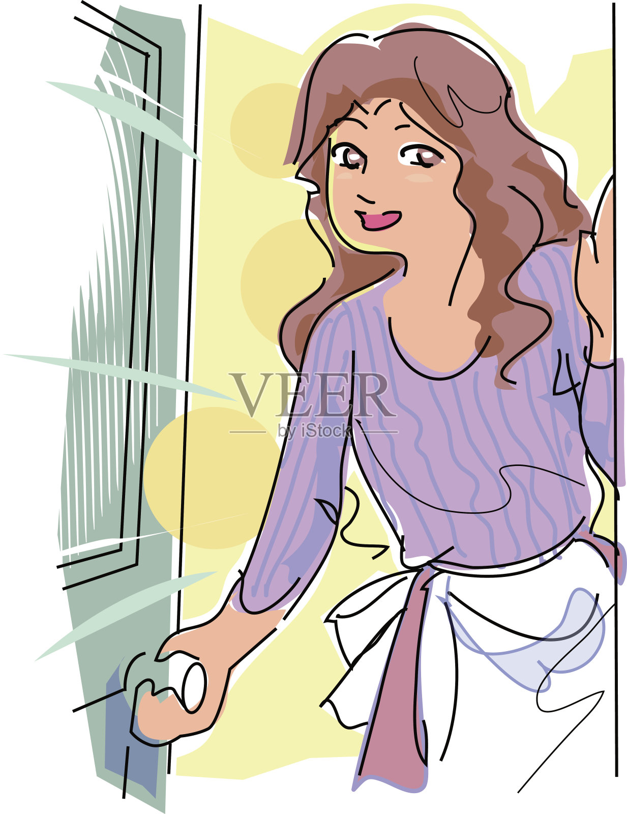 年轻女子打开门，邀请来宾插画图片素材