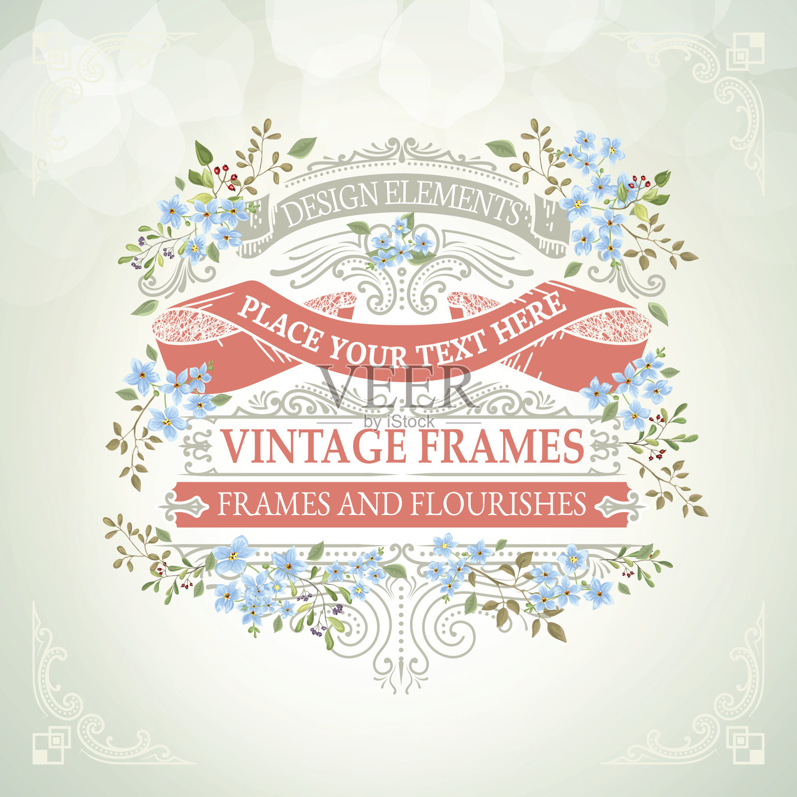复古横幅和鲜花相框插画图片素材