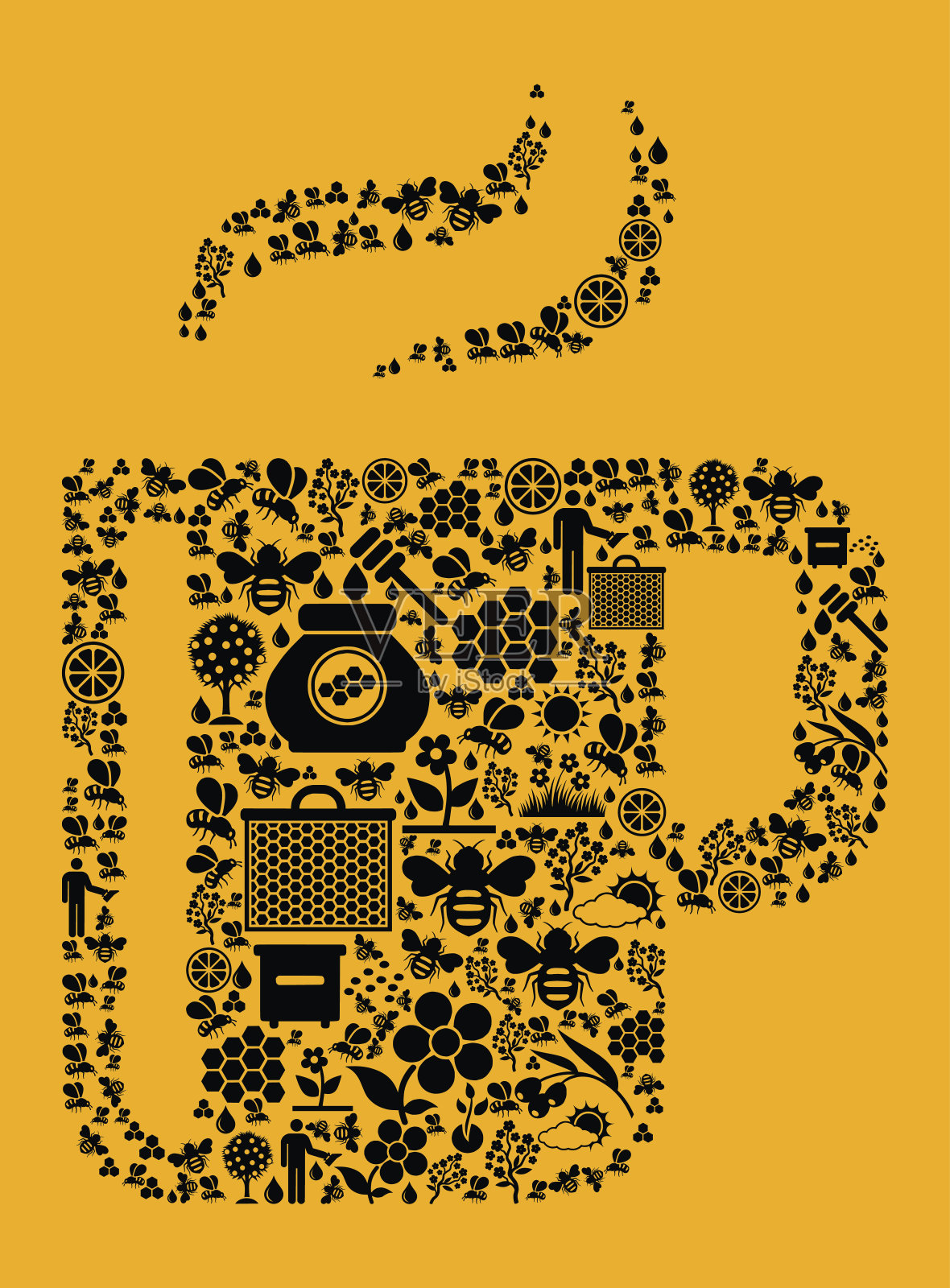 热饮料蜜蜂和蜂蜜矢量图标背景插画图片素材