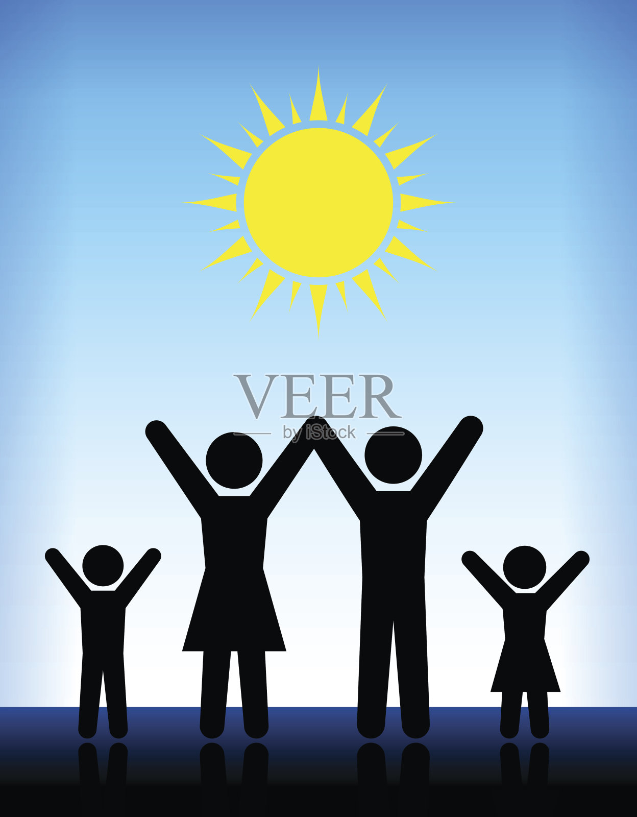 家庭在蓝色矢量背景下的太阳插画图片素材