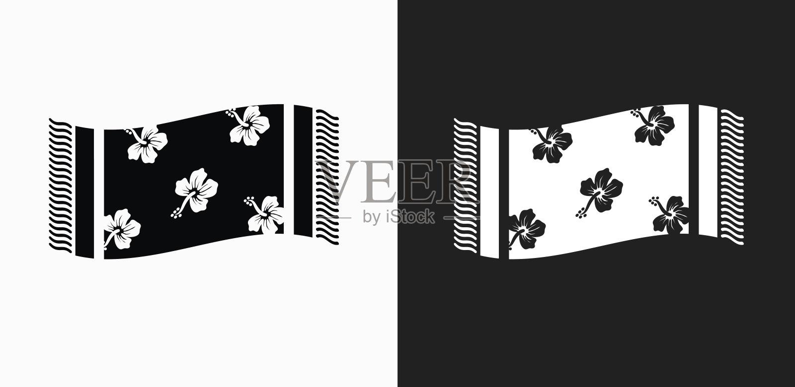 海滩浴巾图标上的黑色和白色矢量背景插画图片素材