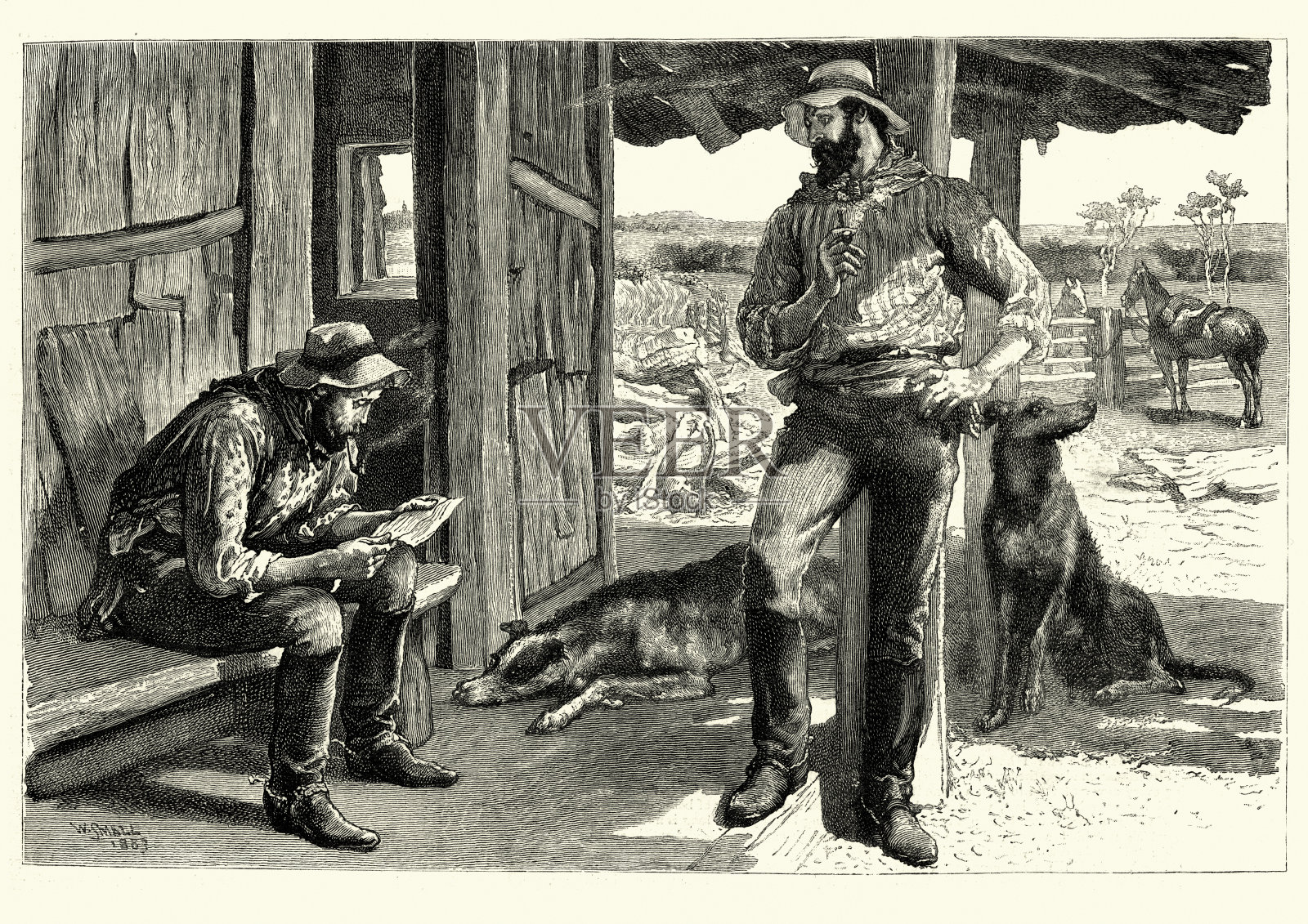 1884年，西部牛仔在读一封来自家乡的信插画图片素材