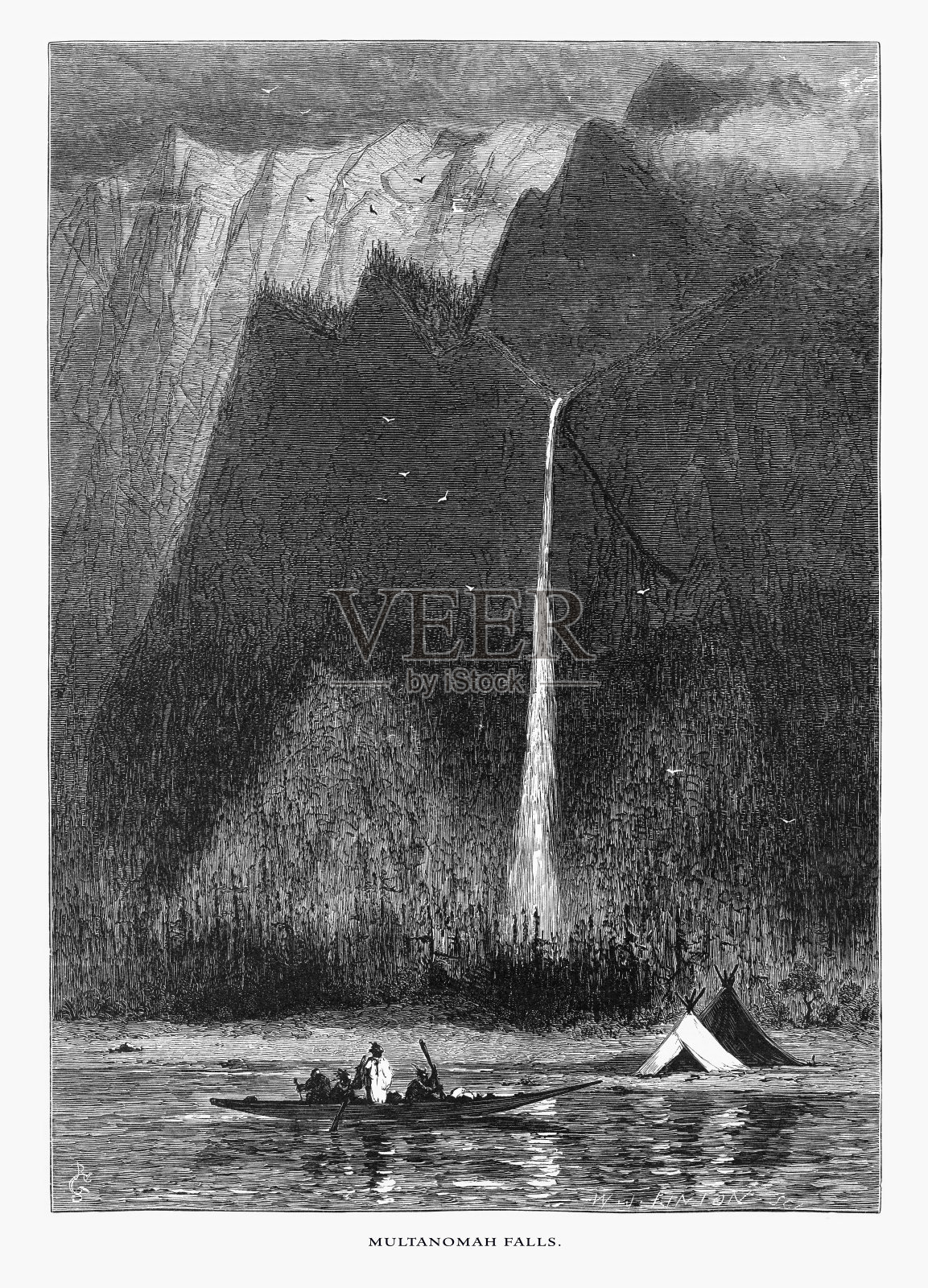 1872年美国维多利亚风格版画：俄勒冈州Multnomah瀑布插画图片素材
