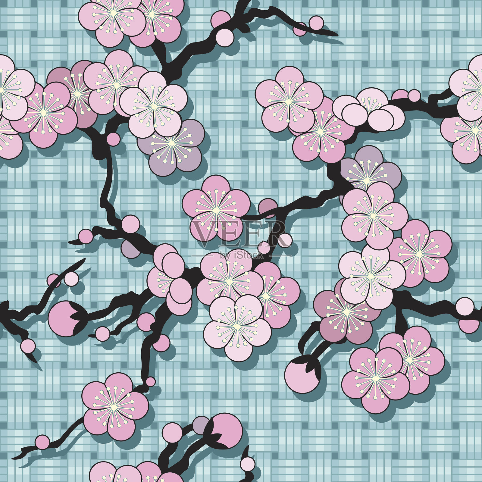 亚洲网格上的樱花枝(无缝模式)插画图片素材