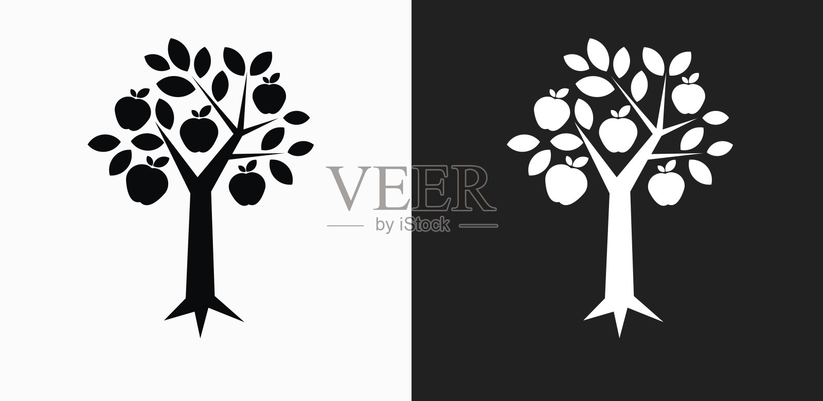 树苹果图标在黑色和白色矢量背景插画图片素材