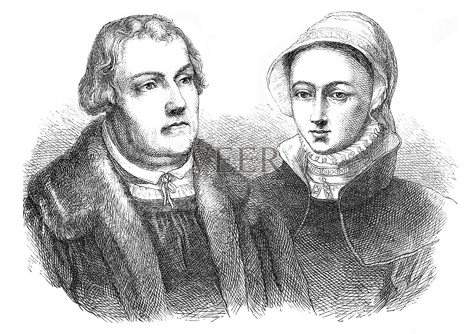 马丁·路德的宗教领袖肖像与妻子插画图片素材