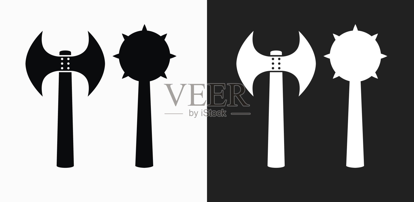 斧头和晨星武器图标上的黑色和白色矢量背景插画图片素材