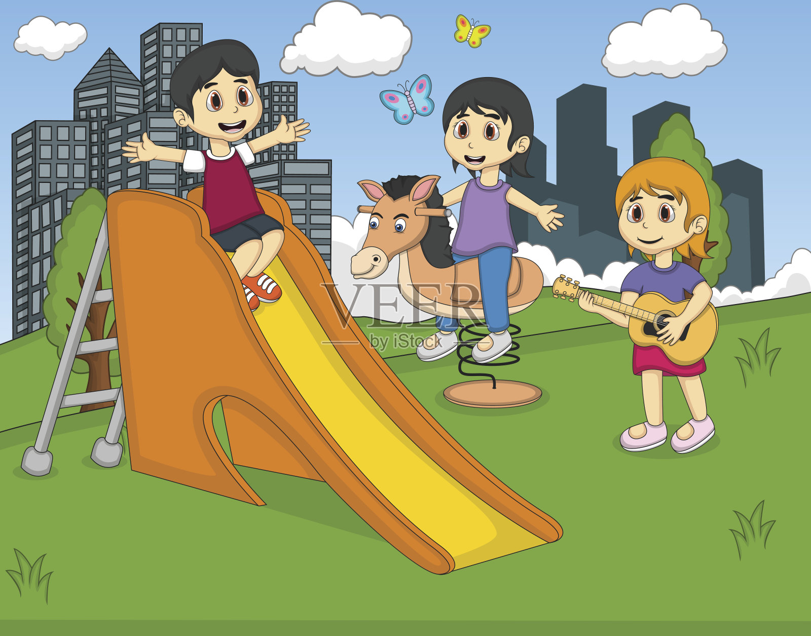 孩子们在卡通公园玩滑梯插画图片素材