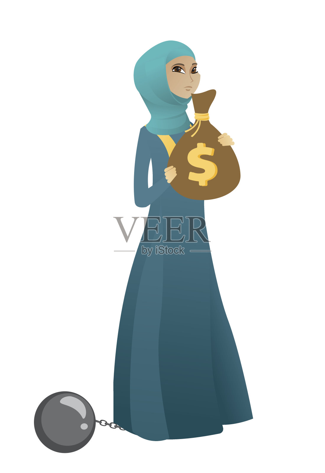 被锁链锁着的女商人拎着装满税的袋子插画图片素材