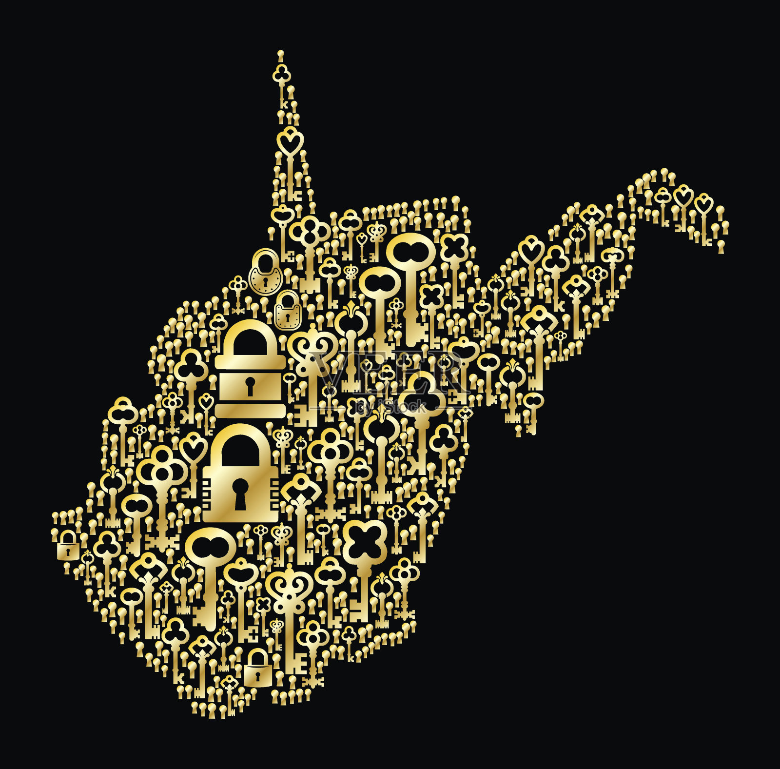 西弗吉尼亚钥匙和锁古董黄金上的黑色图形插画图片素材