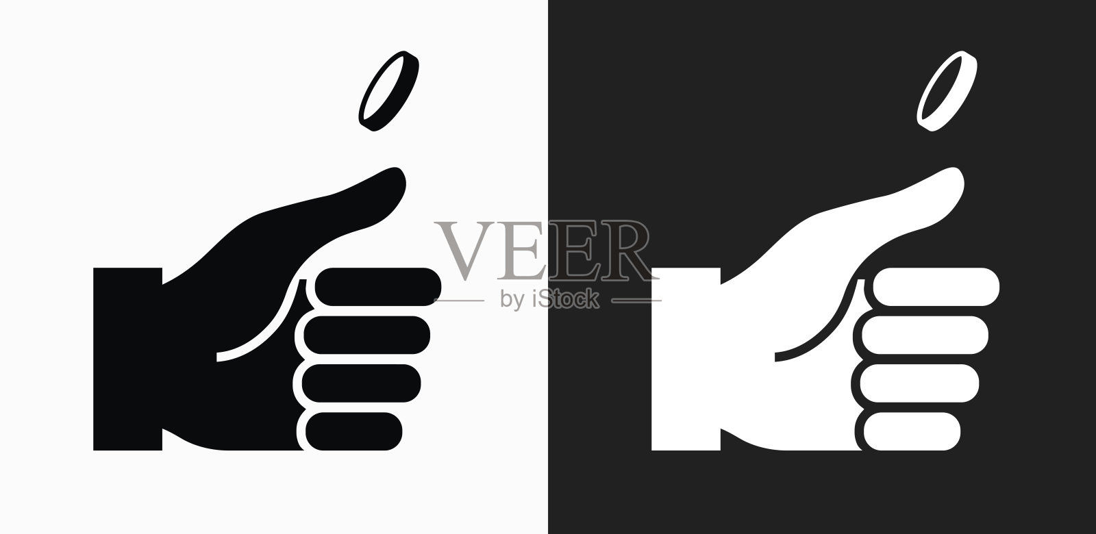 手和硬币图标上的黑色和白色矢量背景插画图片素材