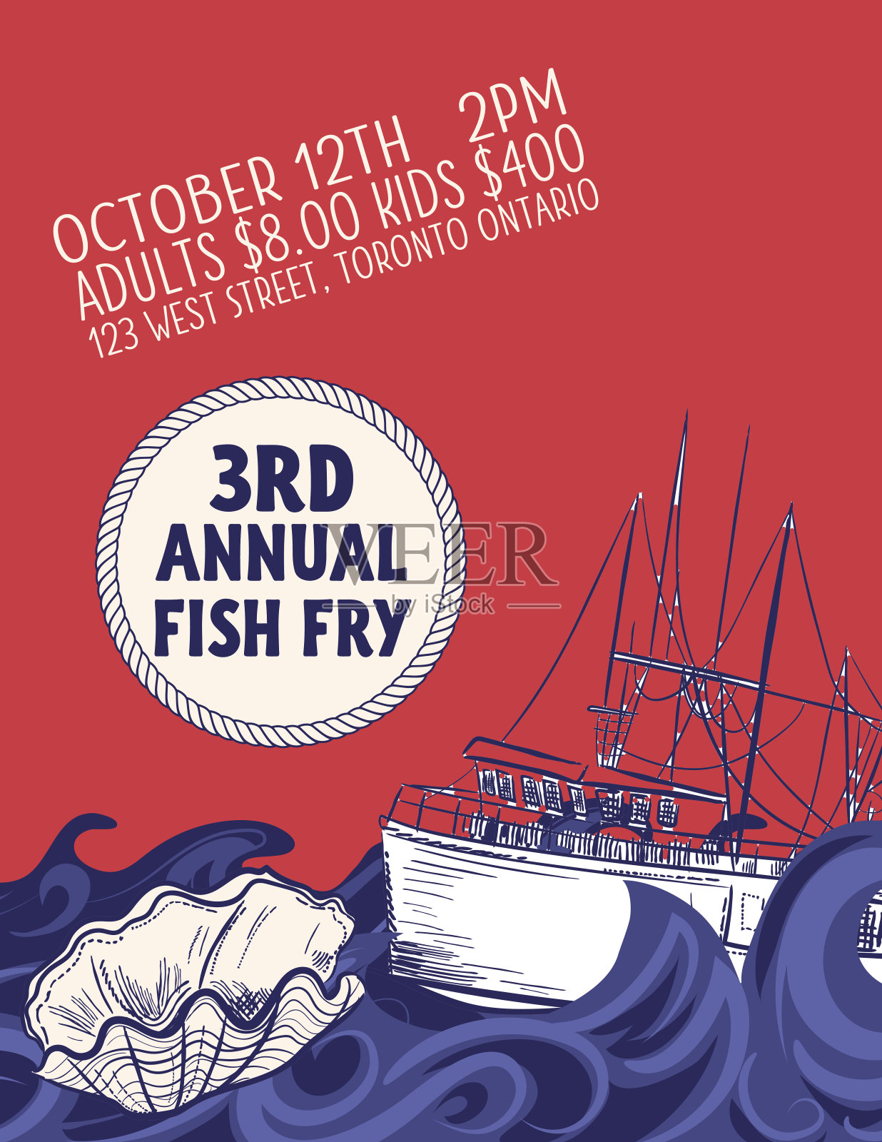 手绘鱼晚餐募捐与航海元素设计模板素材