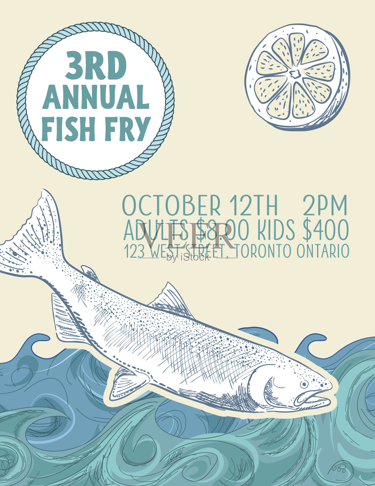 手绘鱼晚餐募捐与航海元素插画图片素材