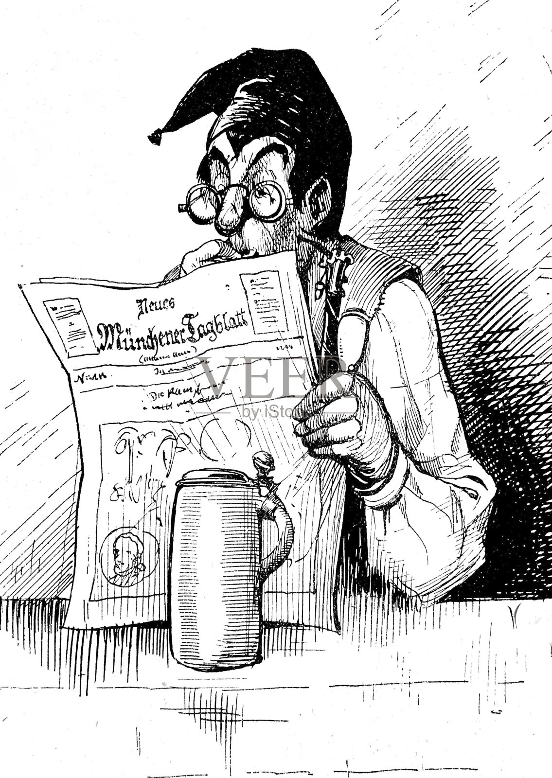 一个戴着长袜帽的男人坐在餐厅的桌子上看报纸，桌上放着一杯啤酒插画图片素材