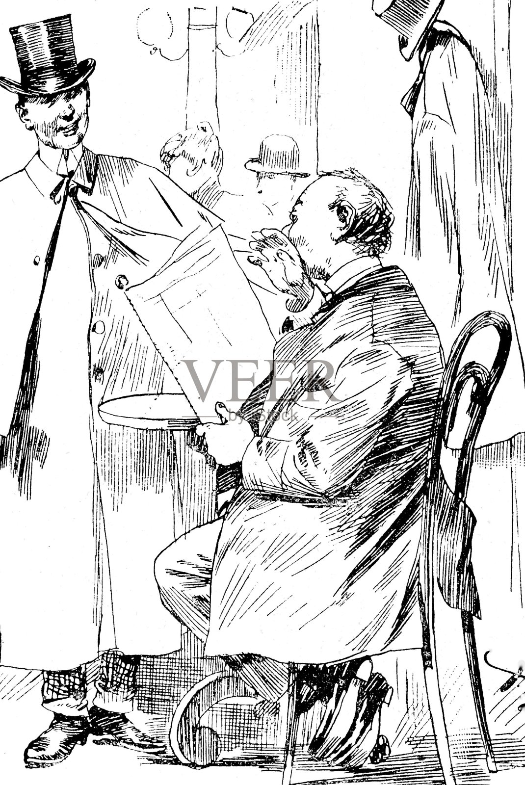 一个男人坐在咖啡桌旁看报纸，和一个站着的朋友聊天，垂直的插画图片素材