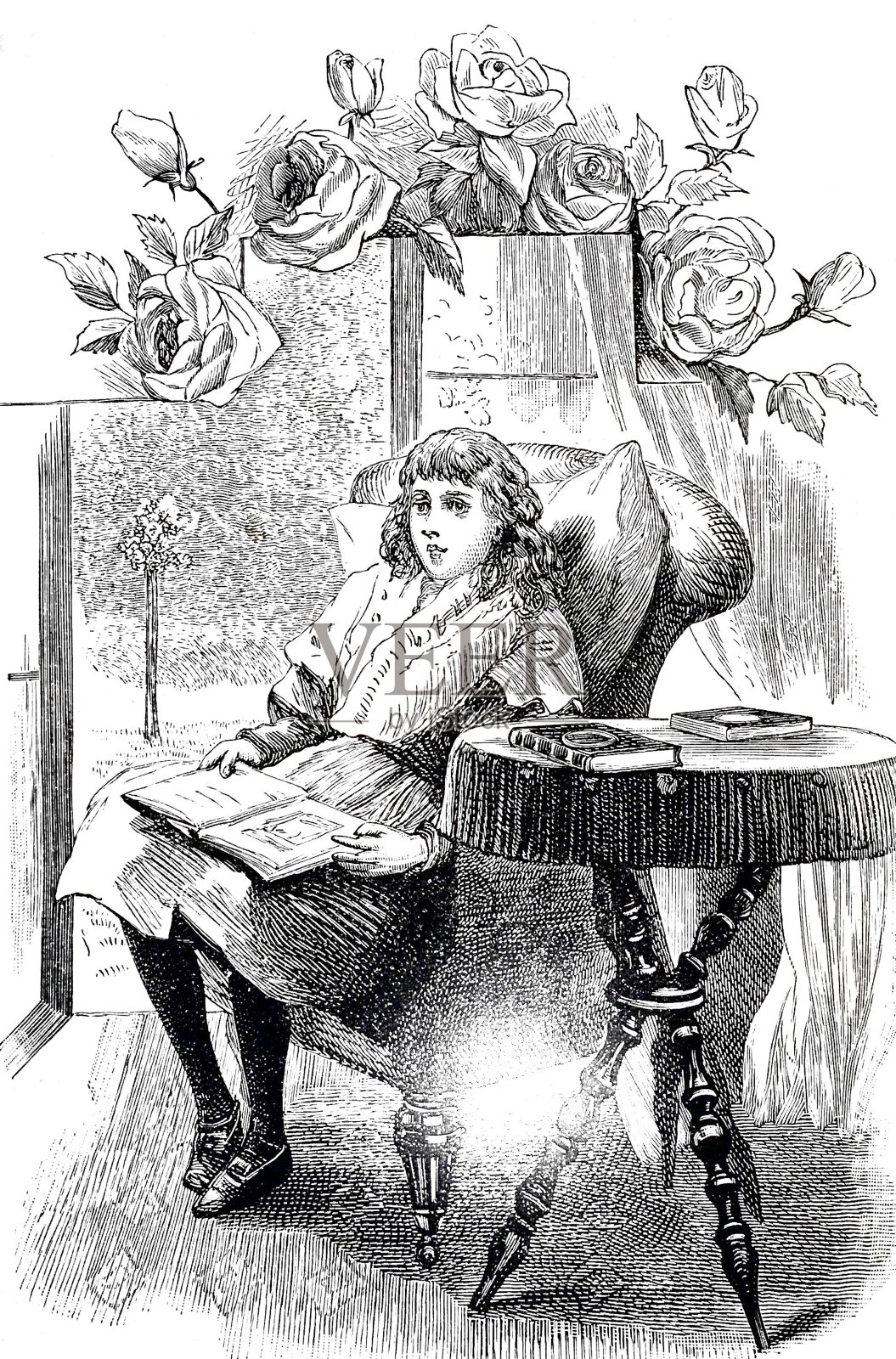 女孩坐在客厅里拿着图画书插画图片素材