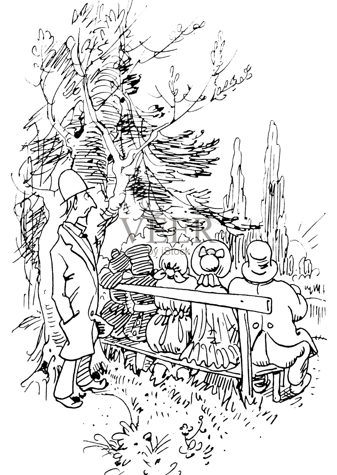 作者的生活：站在长椅后沉思插画图片素材