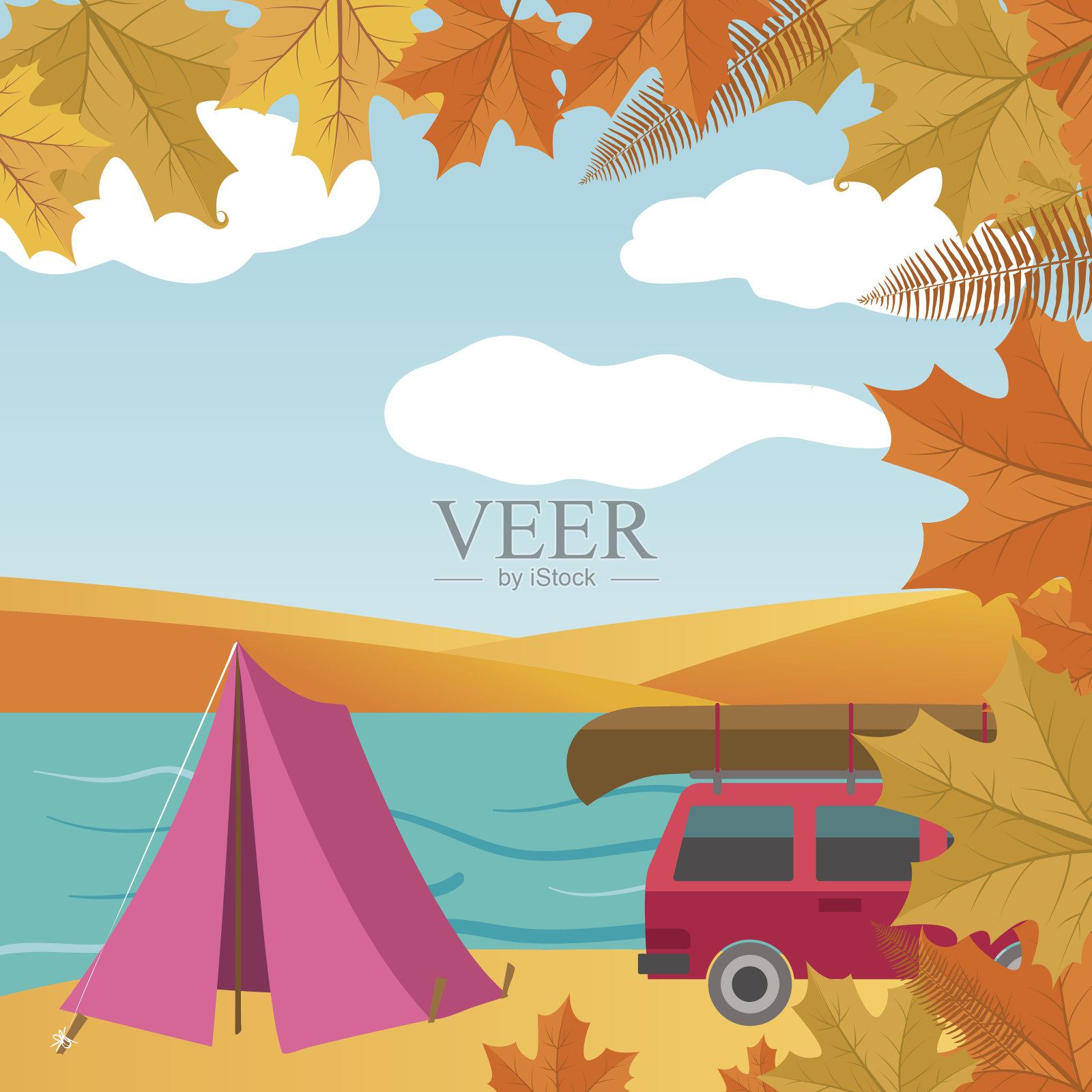 露营度假背景与许多元素插画图片素材