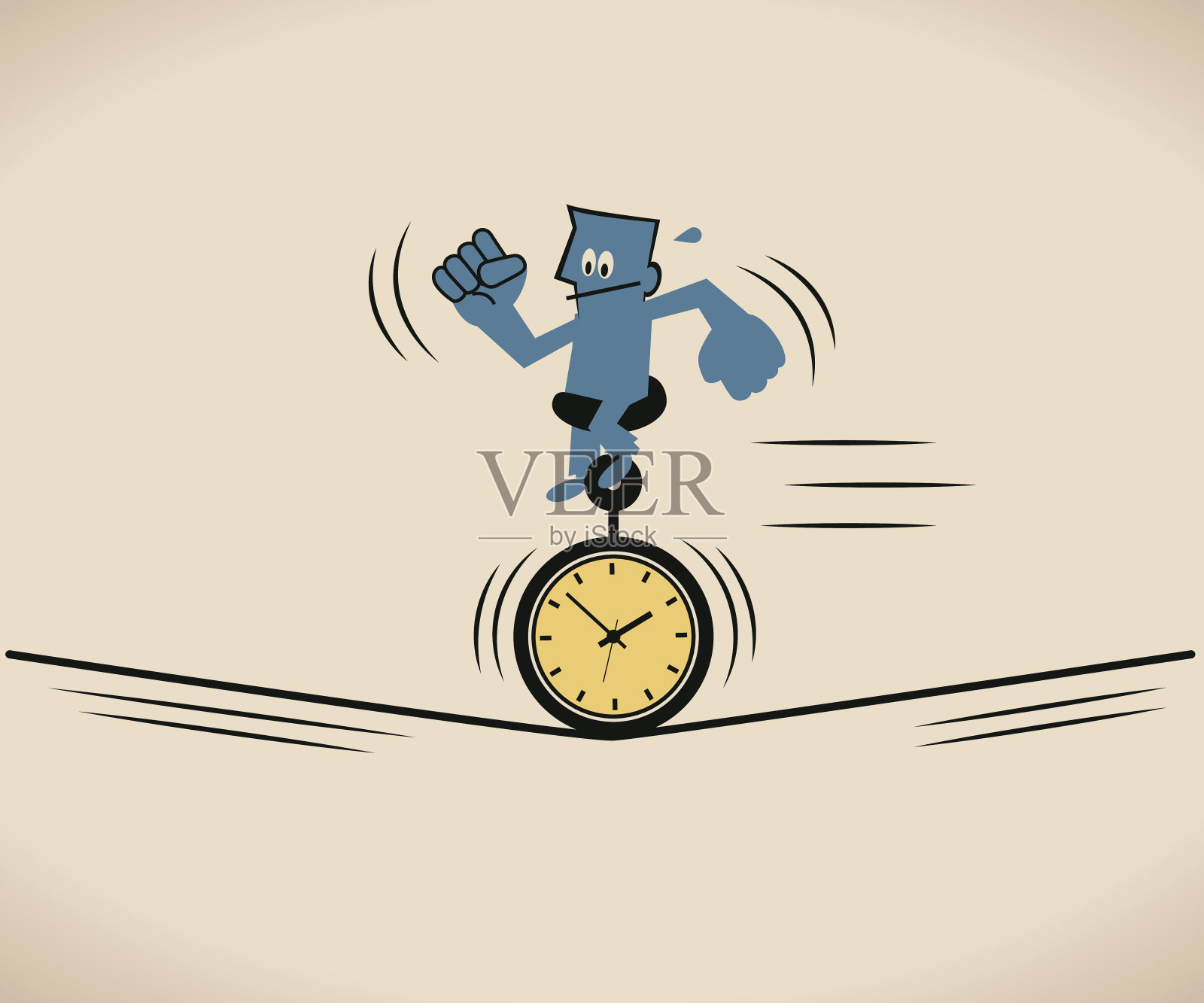 商人(人)骑独轮车(独轮车)与时间时钟轮胎上的绳子设计元素图片