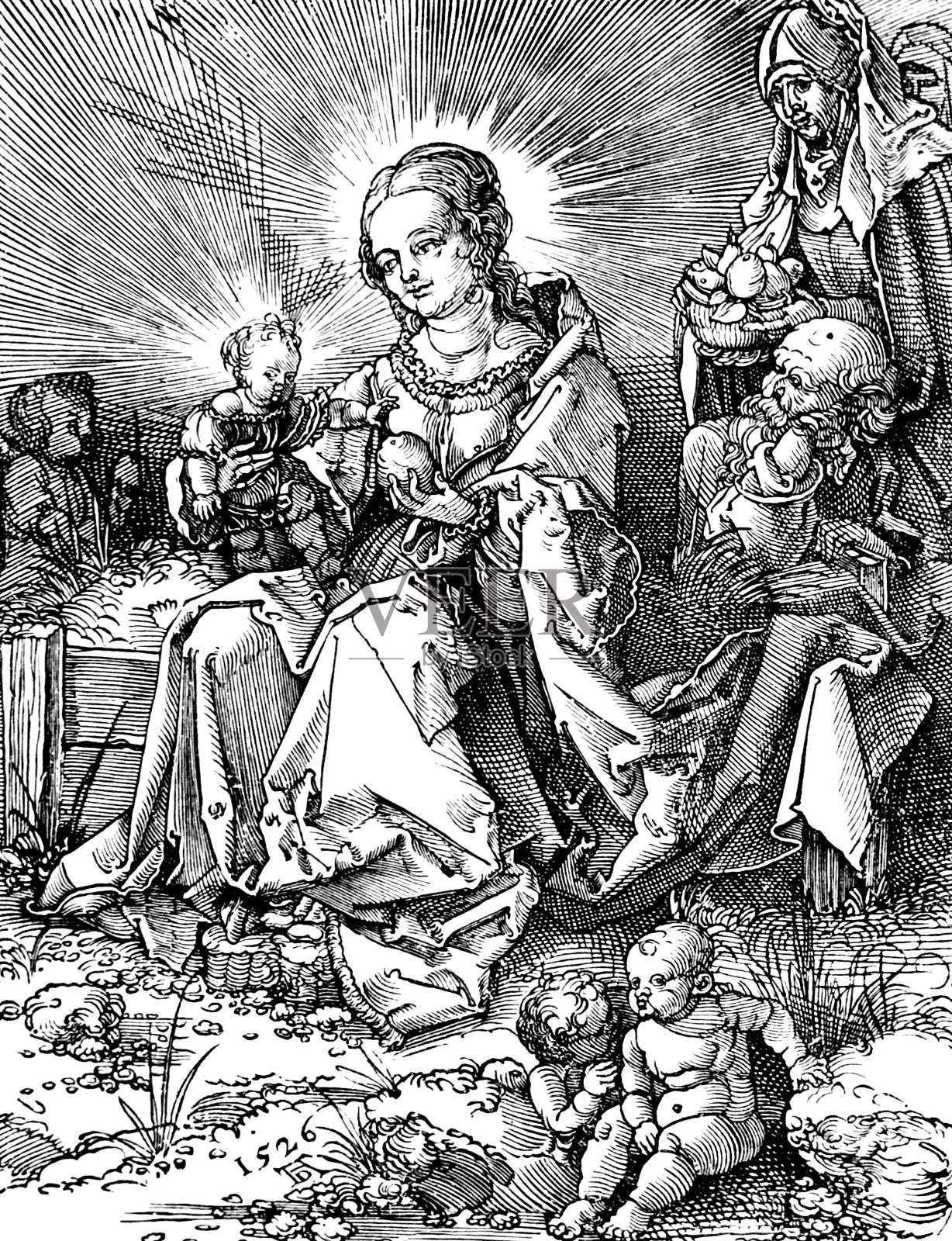 有苹果的神圣家族，15世纪插画图片素材