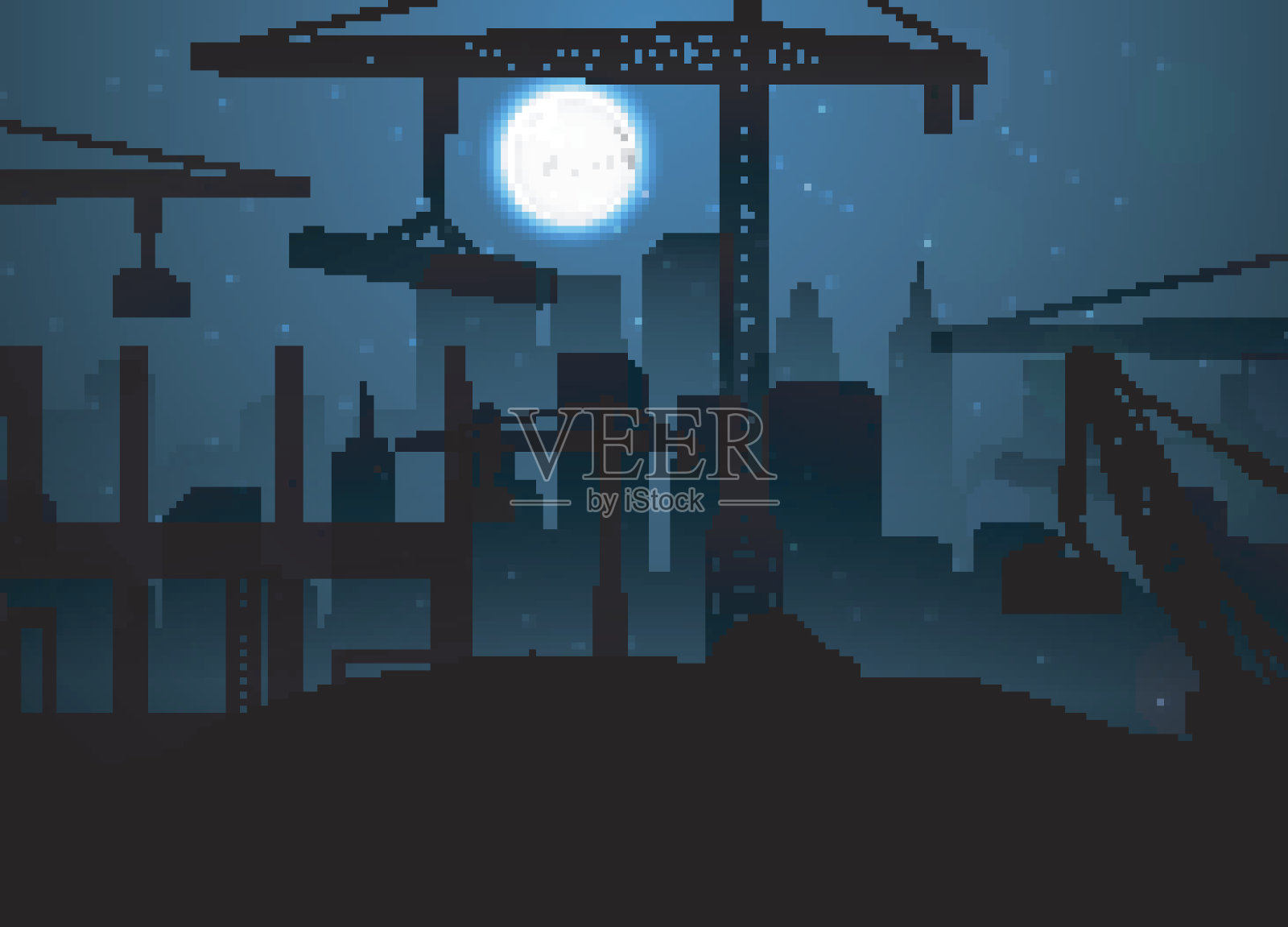 建筑工地上的起重机在夜空和月亮上插画图片素材