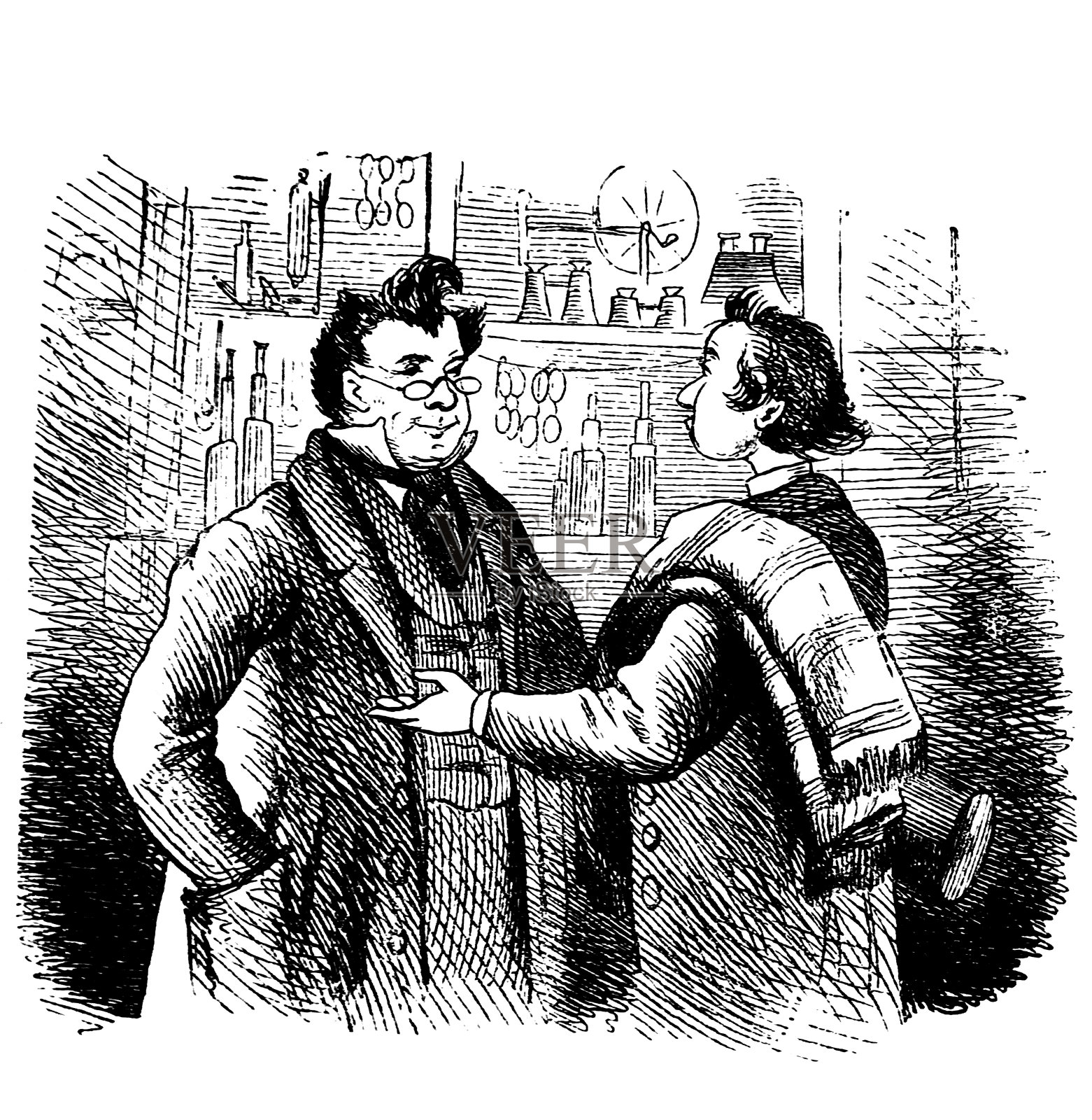 两个人在药店里聊天——1867年设计元素图片
