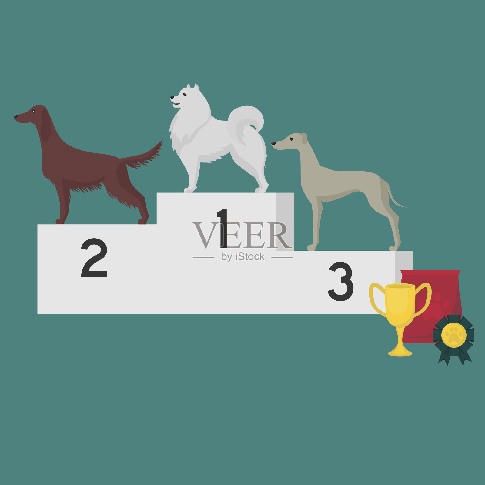 颁奖台：小狗赢得犬类比赛，宠物获得第一名。领奖台上的金奖杯，动物颁奖典礼，狗狗冠军奖牌，竞赛平台。插画图片素材