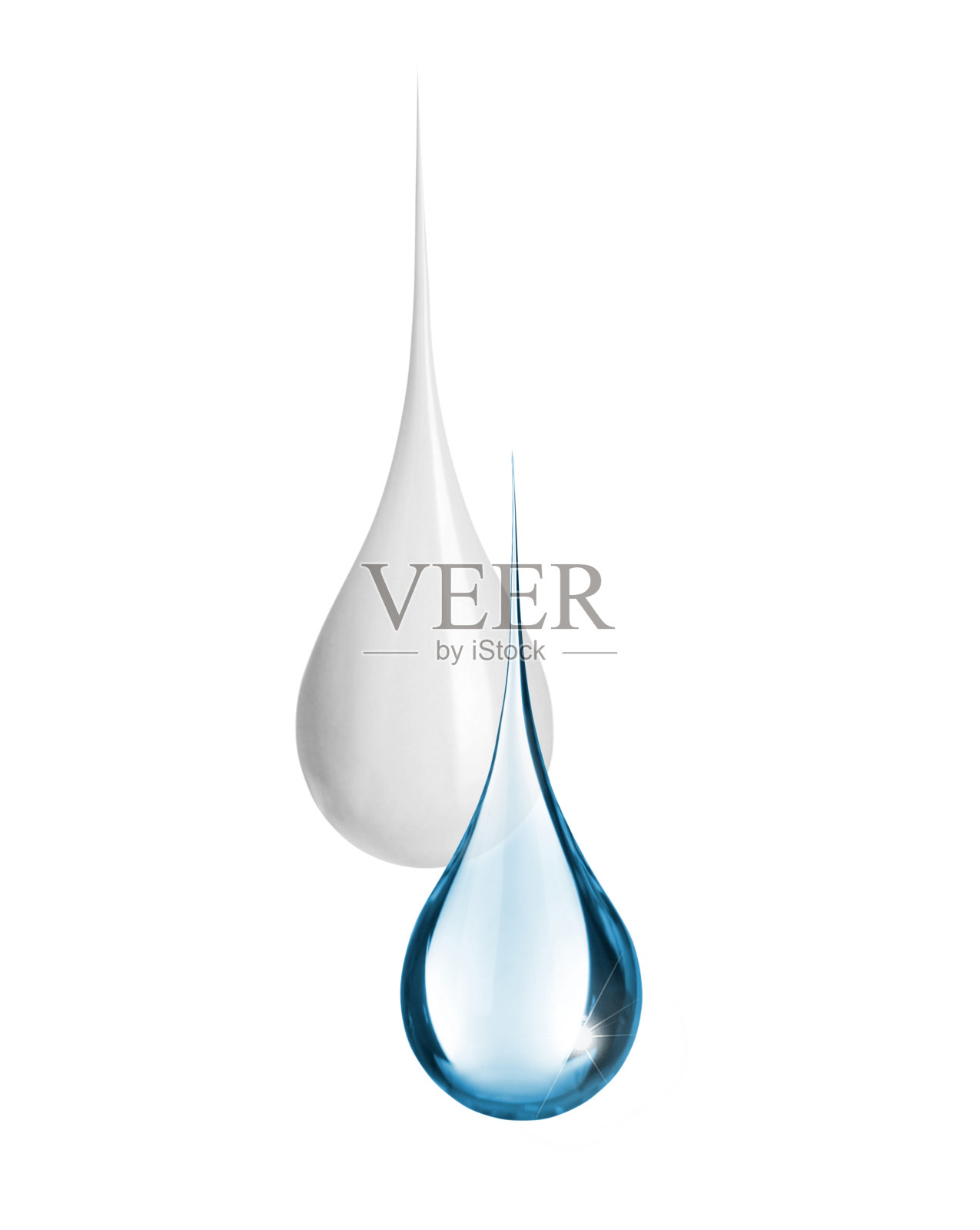 一滴牛奶和一滴水，孤立在白色的背景照片摄影图片