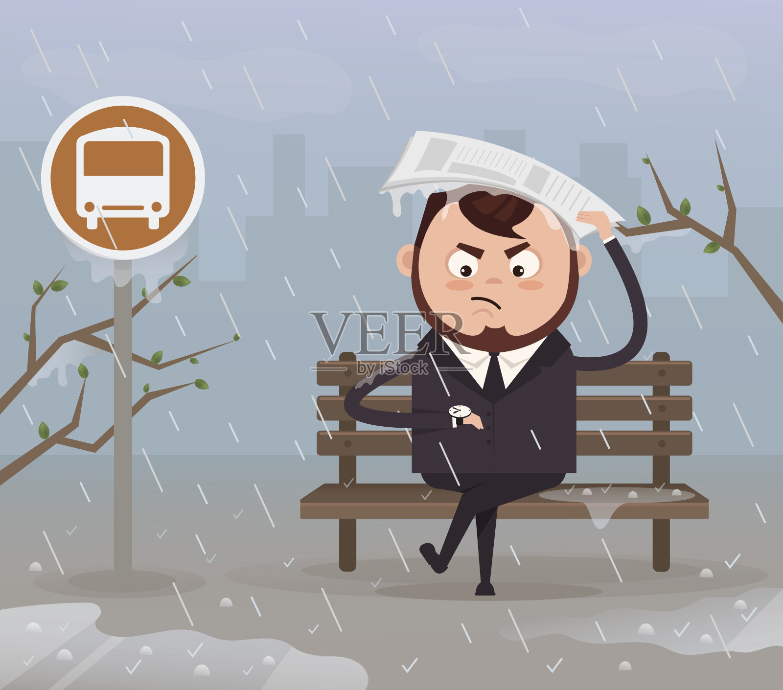生气紧张的商人上班族性格等晚了车，看着手表，坐在车站上。多雨的天气不好插画图片素材