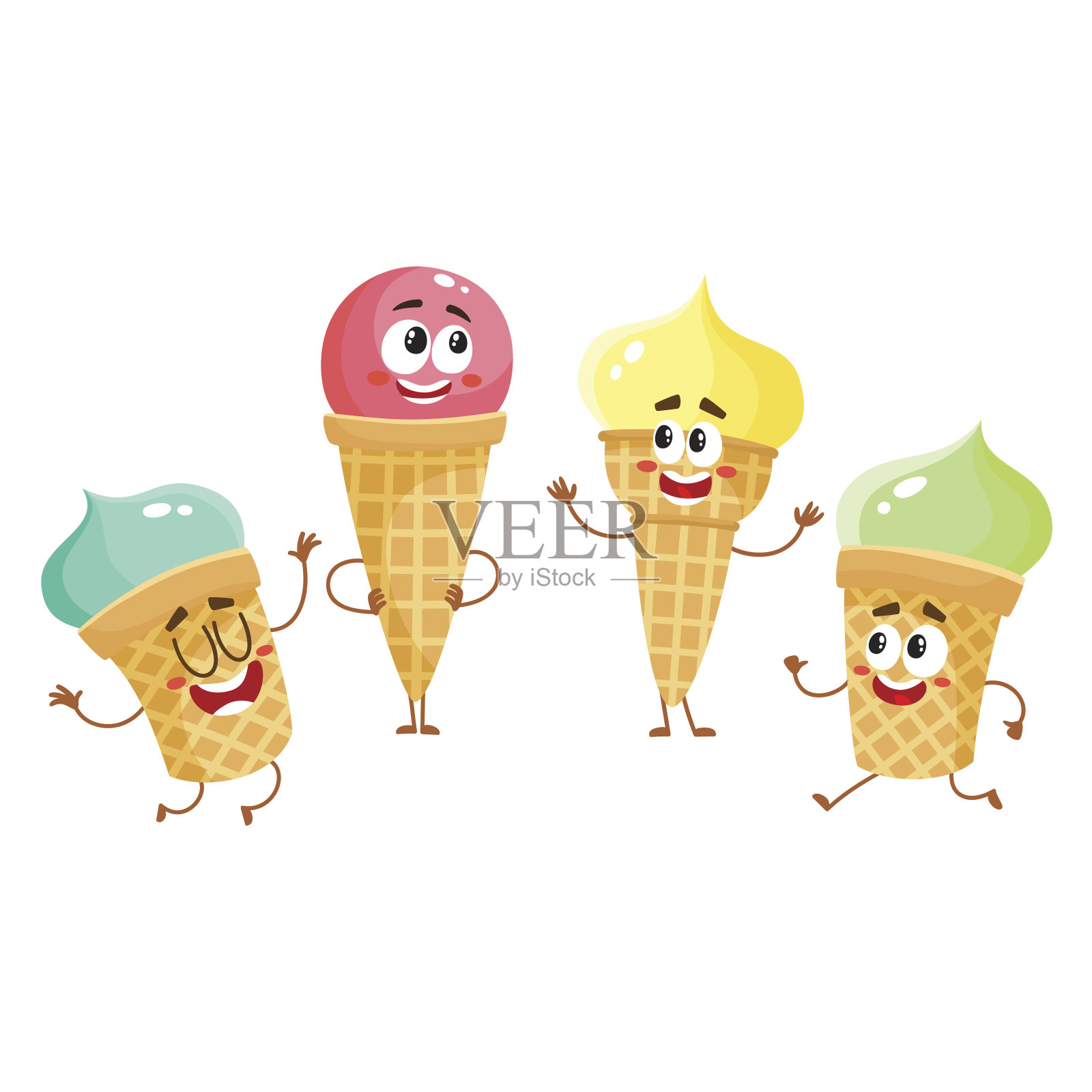 有趣的冰淇淋人物，蛋卷，冰棒和微笑的人脸设计元素图片