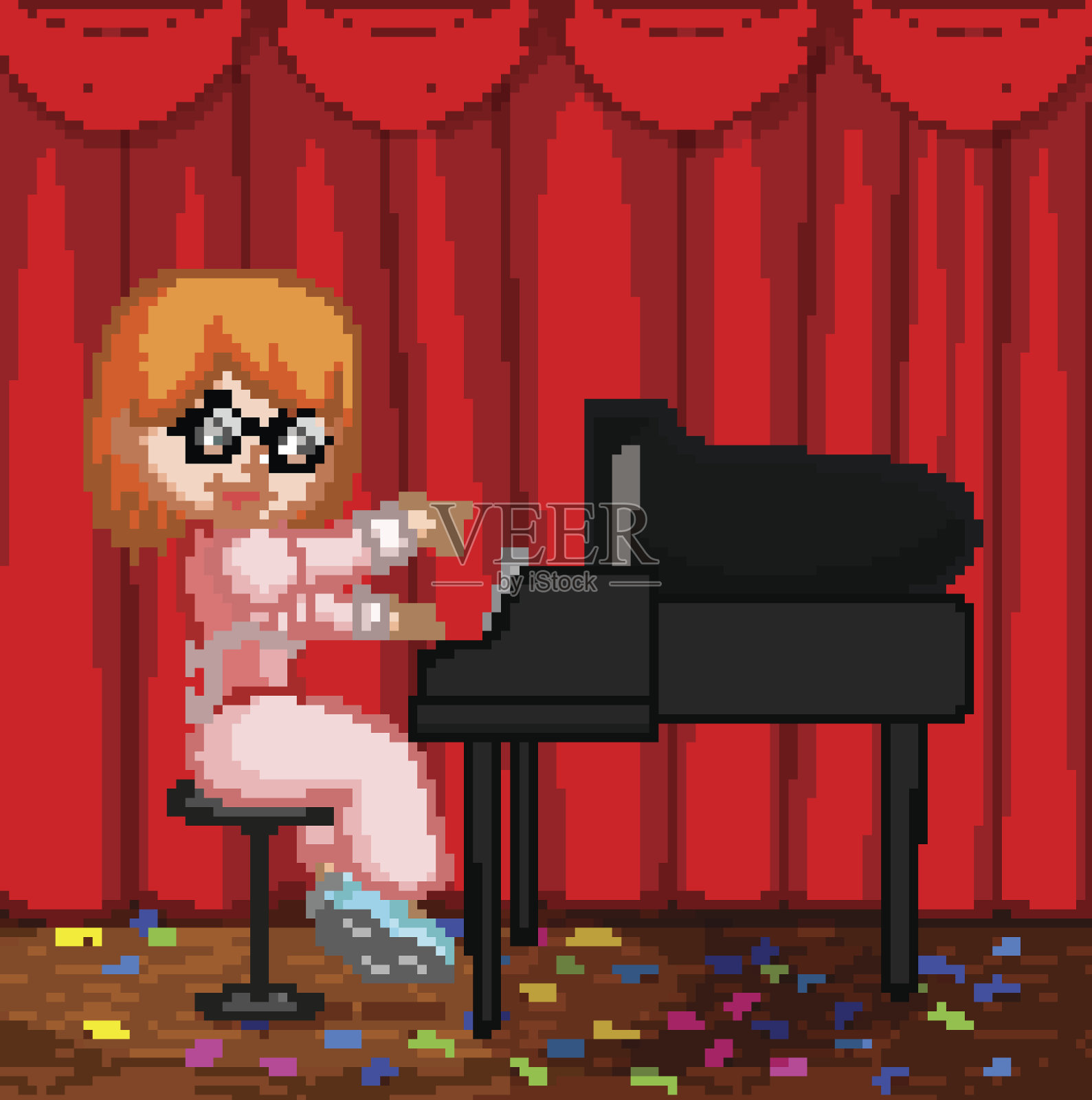 可爱的卡通小女孩在弹钢琴插画图片素材