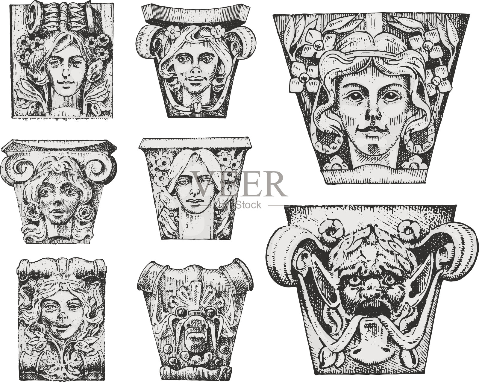 详细介绍古代古典建筑。建筑装饰元素。显示托斯卡纳，多利安，爱奥尼亚和罗马柱。手工雕刻的老素描，复古和古董，巴洛克或哥特风格插画图片素材