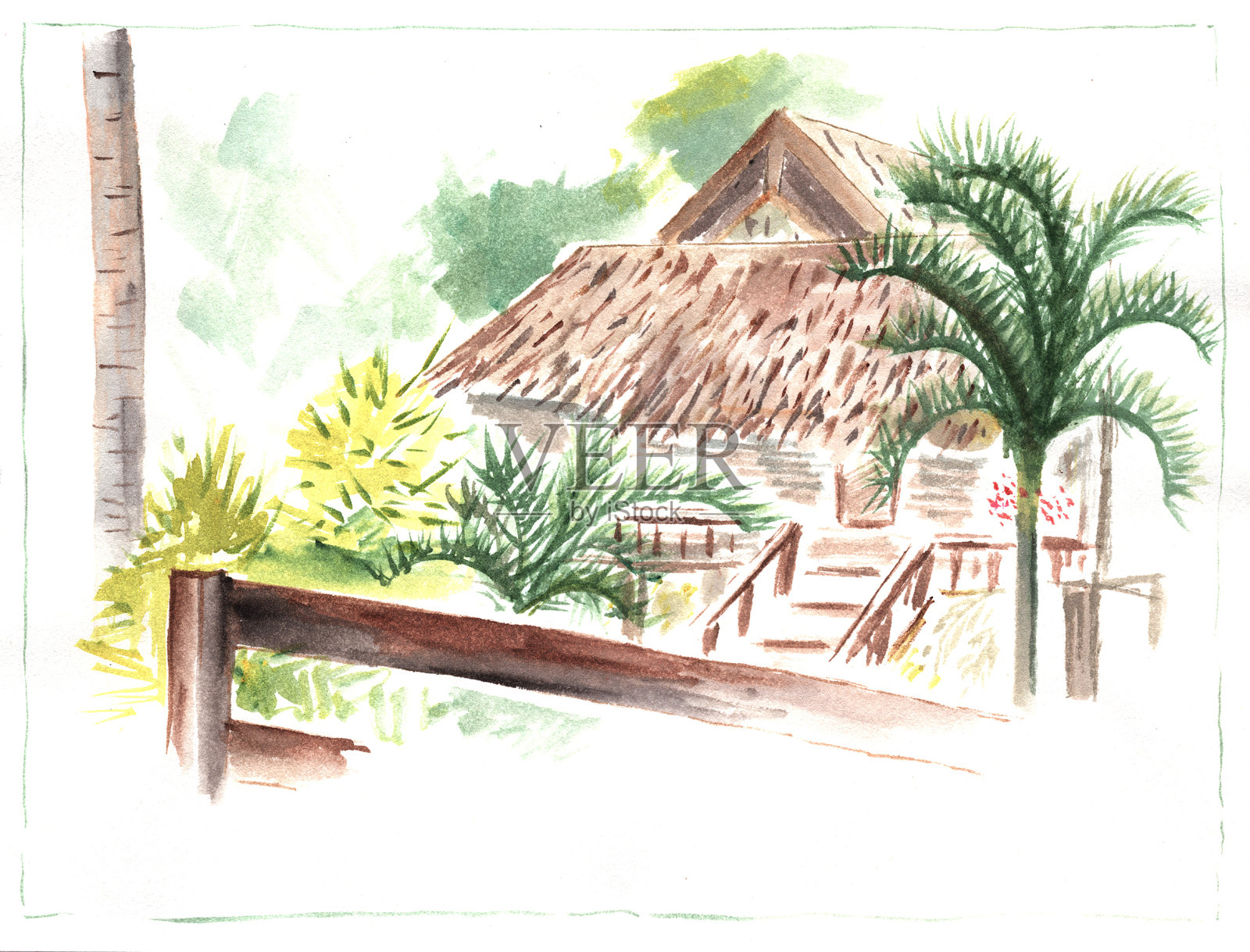 棕榈屋顶小屋在绿色花园水彩画。热带岛屿上的乡村住宅艺术品。插画图片素材